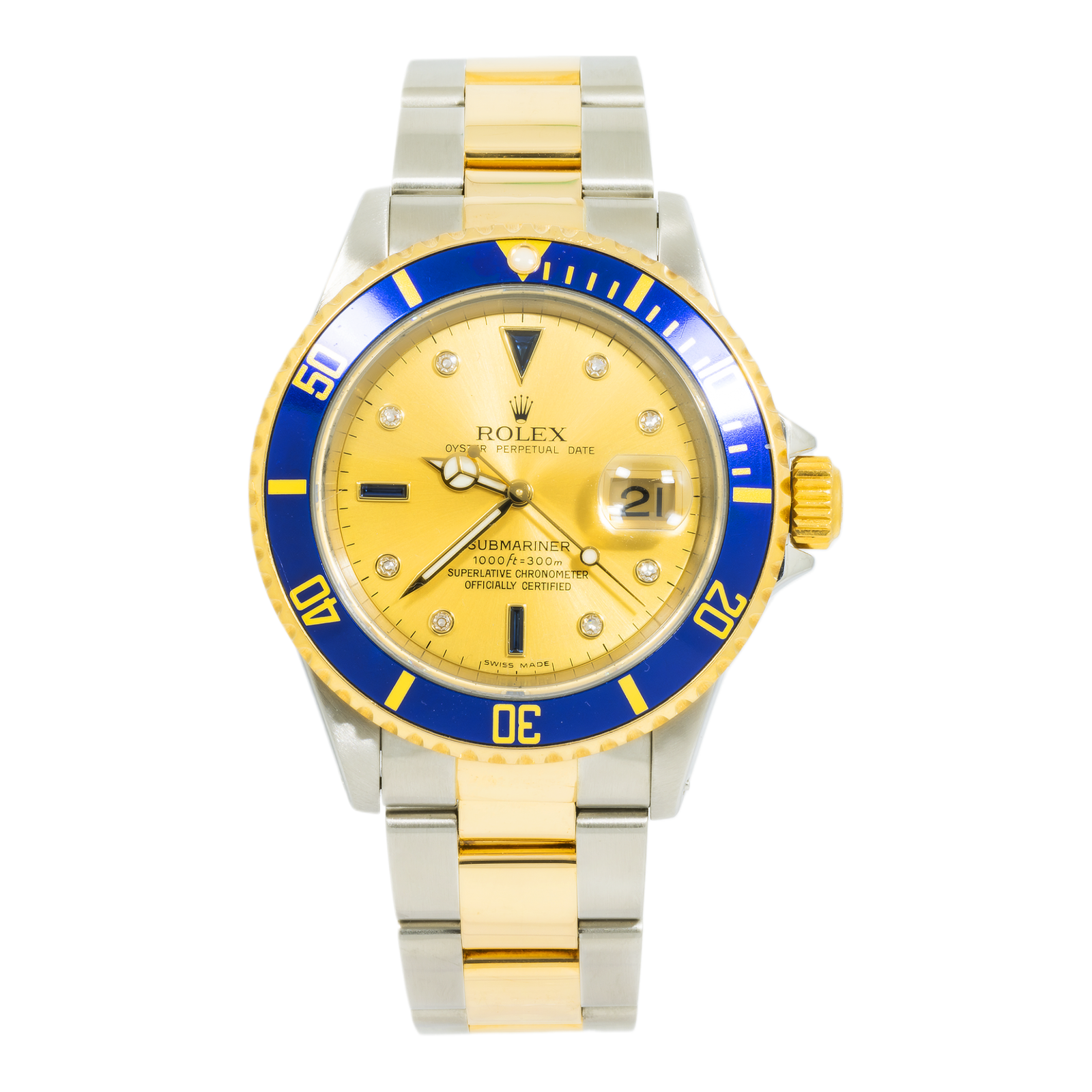 Pre-Owned-Rolex-Submariner-Two-Tone-16613-Champagne-Serti-Dial-Blue-Insert-Bezel-JD-Watches-NY.png Rolex Submariner Two Tone 16613 Champagne Serti Dial Blue Insert Bezel - Image 1