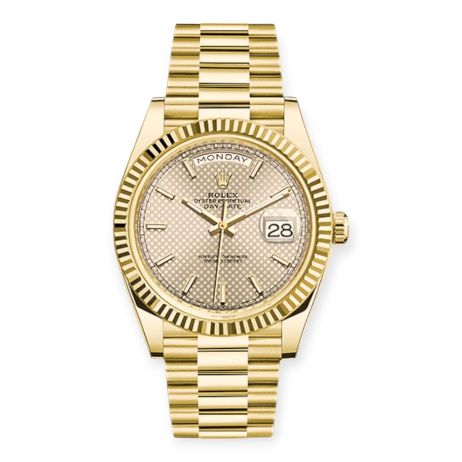 Pre-Owned-Rolex-Yellow-Gold-Day-Date-40-Watch-Silver-Diagonal-Motif-Index-Dial-President-Bracelet-228238-JD-Watches-NY.jpg Rolex Yellow Gold Day-Date 40 Watch Silver Diagonal Motif Index Dial - President Bracelet 228238 - Image 1