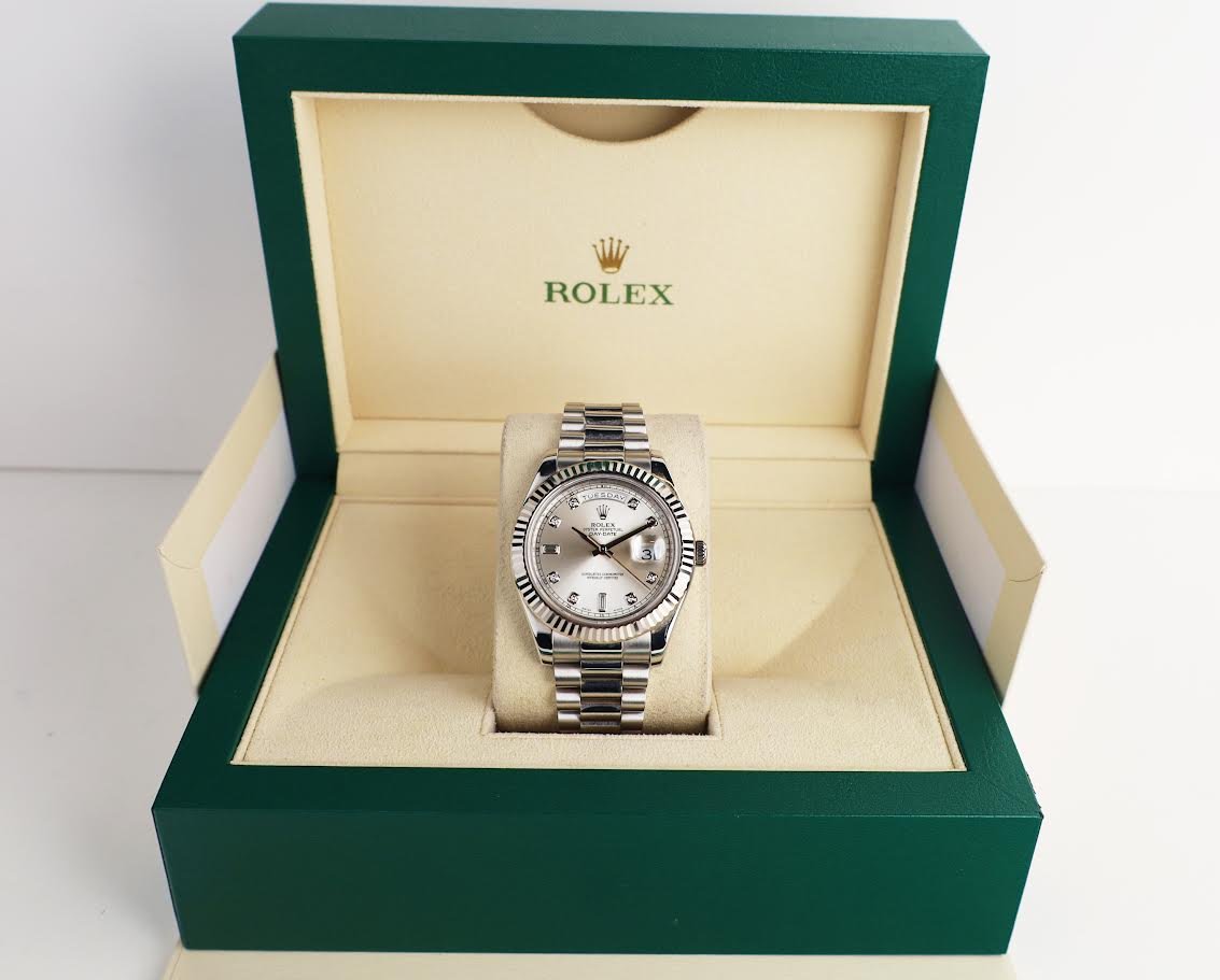 rolex-day-date-36-white-gold-silver-diamond-dial-fluted-bezel-oyster-bracelet-218239-939820.jpg Rolex Day-Date 41mm White Gold Silver Diamond Dial & Fluted Bezel Oyster Bracelet 218239 - Image 1