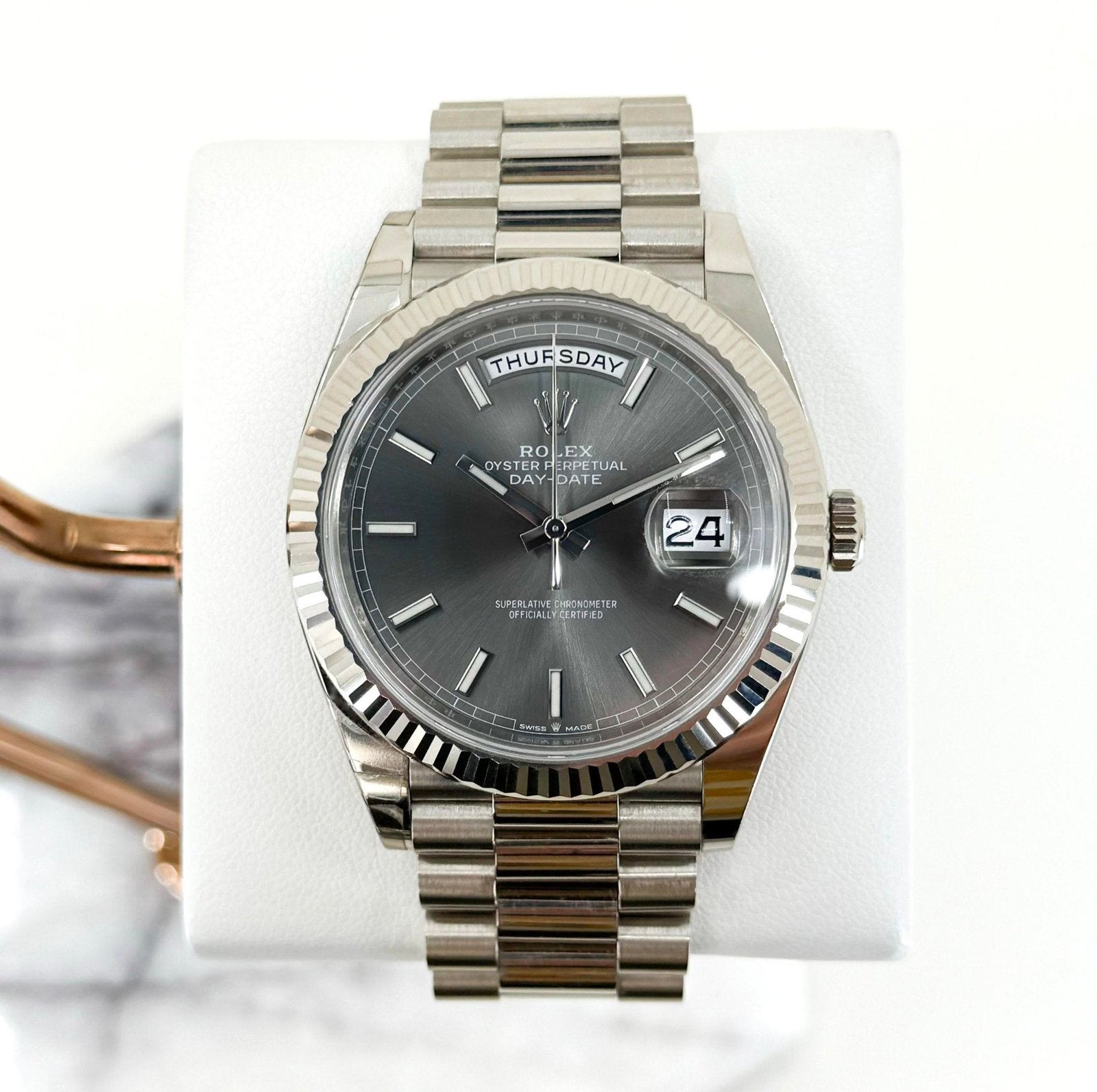 rolex-day-date-40-white-gold-slate-dial-index-dial-fluted-bezel-president-bracelet-228239-713369.jpg Rolex Day-Date 40 White Gold Slate Dial Index Dial & Fluted Bezel President Bracelet 228239 - Image 1