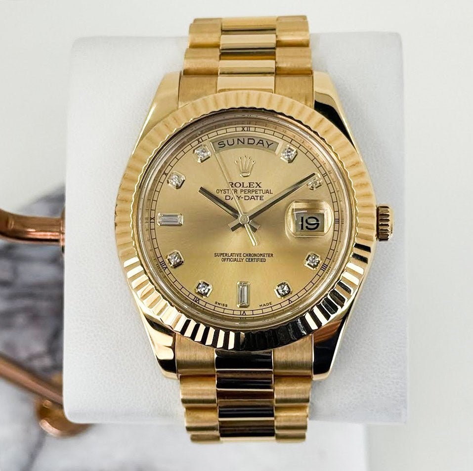 rolex-day-date-41-yellow-gold-champagne-diamond-dial-fluted-bezel-president-bracelet-218238-170617.jpg Rolex Day-Date 41 Yellow Gold Champagne Diamond Dial & Fluted Bezel President Bracelet - 218238 - Image 1