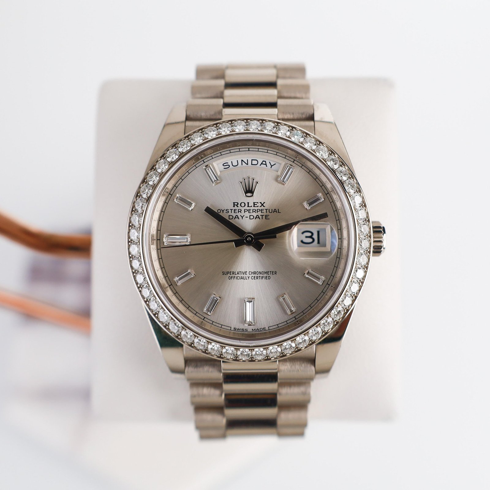 unnamed_b11a84fc-def1-4884-9d68-0a62f7d2dd3f.jpg Rolex White Gold Day-Date 40 Watch - White Gold Bezel - Silver Baguette Diamond Dial - President Bracelet - 228349RBR sbdp - Image 1